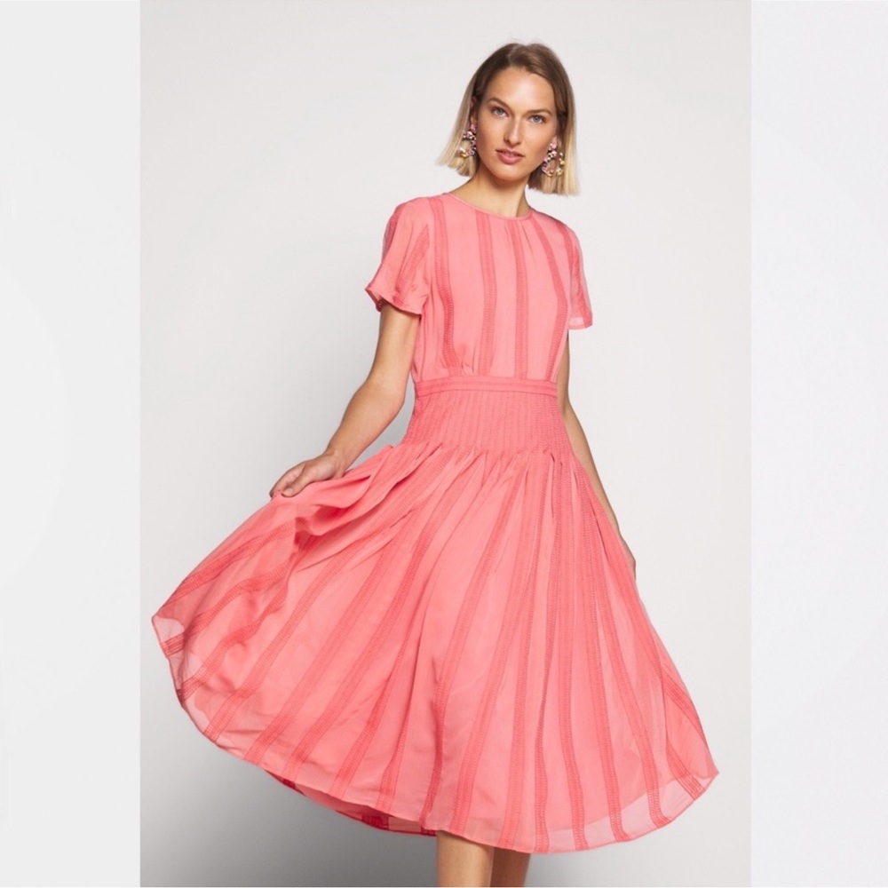 J. Crew Embroidered Flowy Chiffon Short Sleeve Pleated Skirt Midi Dress Pink 6